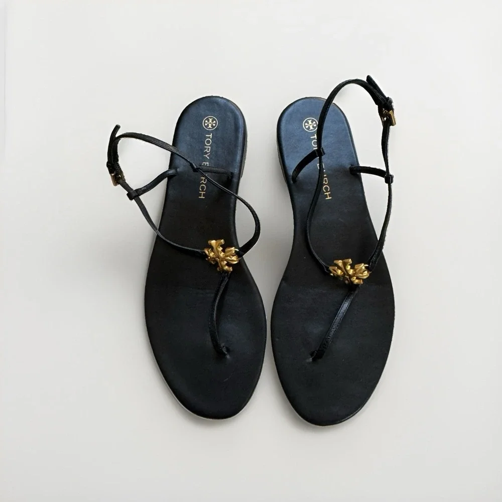 Tory Burch Women's Capri Womens Sz 10M Strap Sandals Black Leather Gold Logo